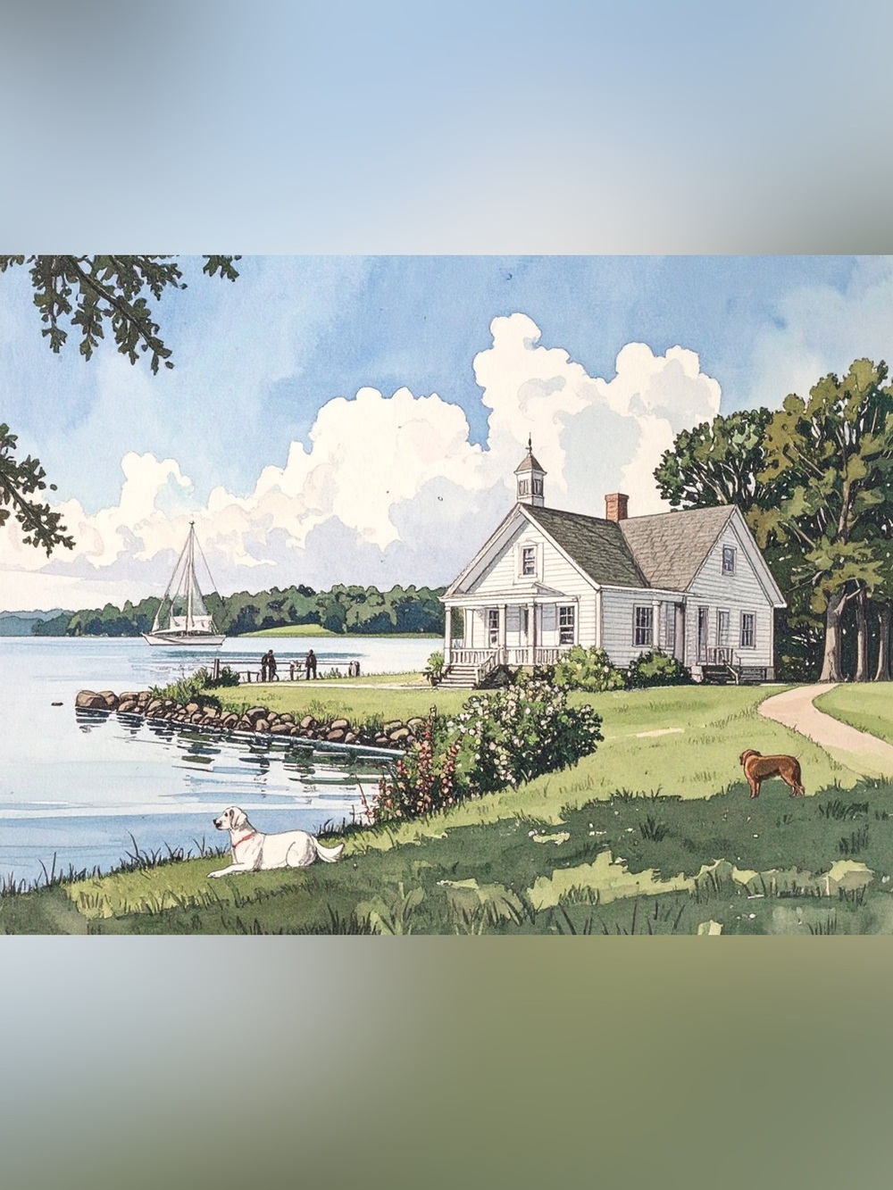 Lakeside Cottage Watercolor Art Print in Blue and White
